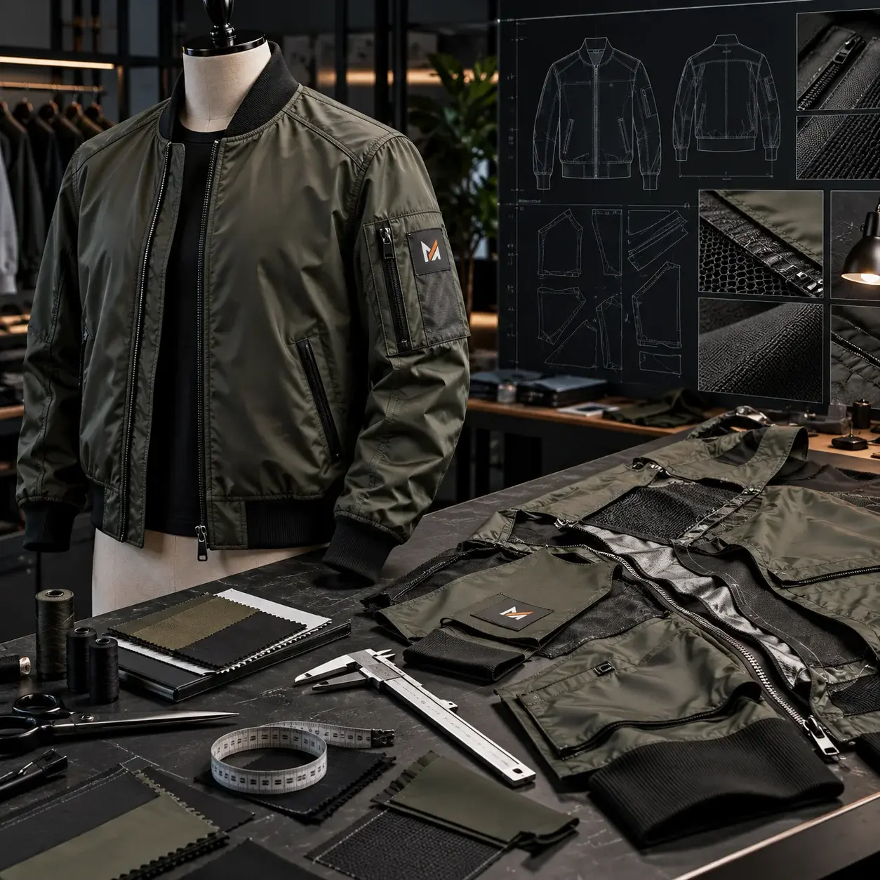 Olive green bomber jacket with Mega Apparel logo displayed on a mannequin beside a disassembled garment sample, fabric swatches, technical sketches, zippers, and measuring tools for reverse engineering in custom cut-and-sew manufacturing.